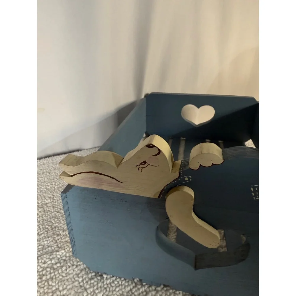 Blue Wooden Crate Heart Cutouts Bunny‎  Rustic Farmhouse Storage Organizer